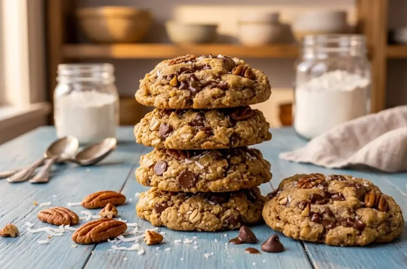 A stack of thick and chewy cowboy cookies with oats pecans and chocolate chips on a rustic table