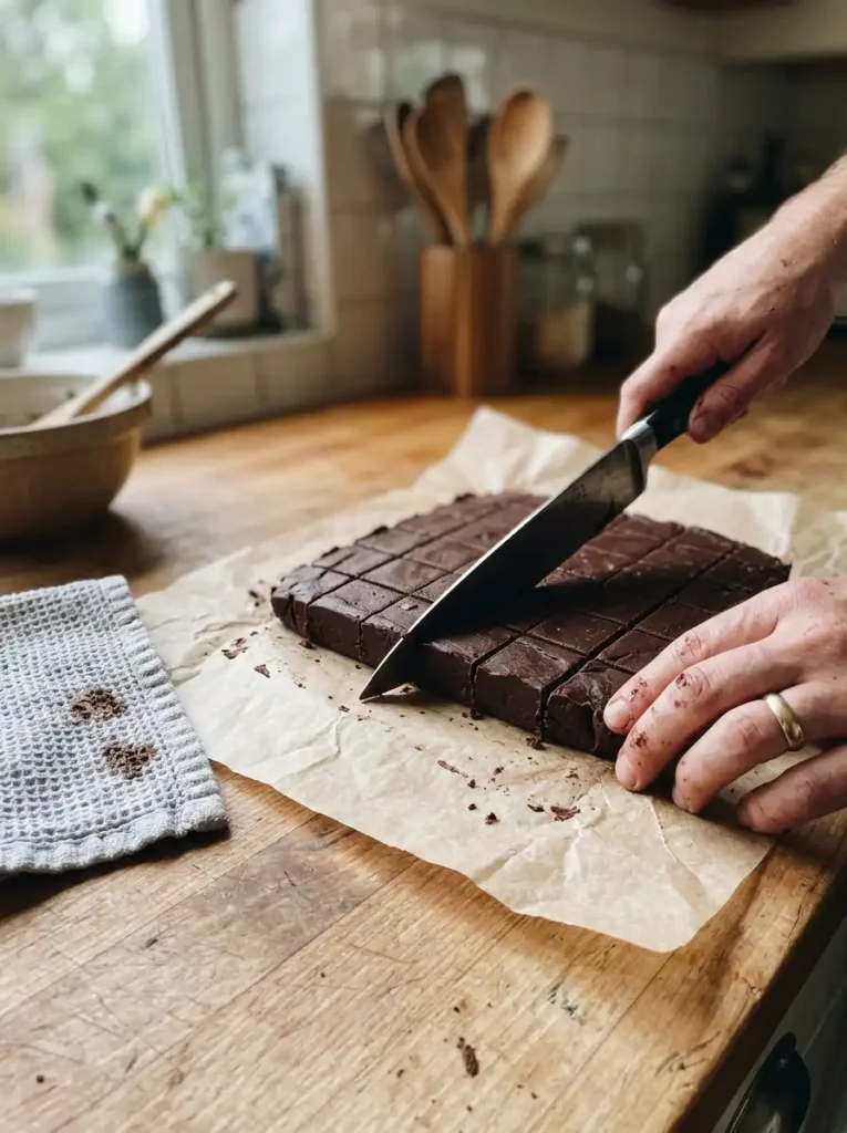 Fudge cut cleanly with a warm sharp knife