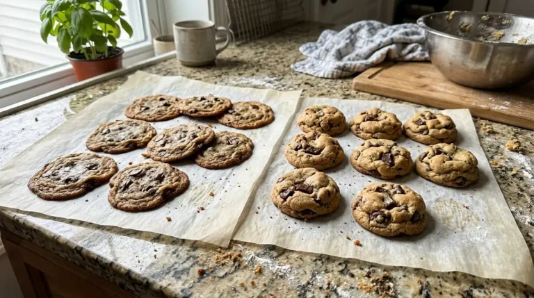 Flat cookies compared with thick cookies on a parchment lined baking sheet