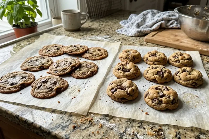 Flat cookies compared with thick cookies on a parchment lined baking sheet