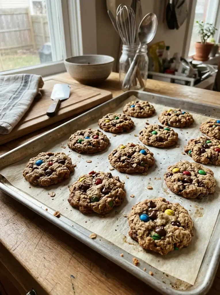 Fresh baked monster cookies cooling on a parchment lined baking sheet
