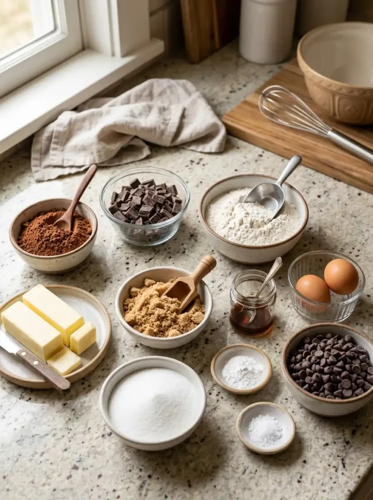 Ingredients for homemade fudge cookies with cocoa powder chocolate butter and eggs