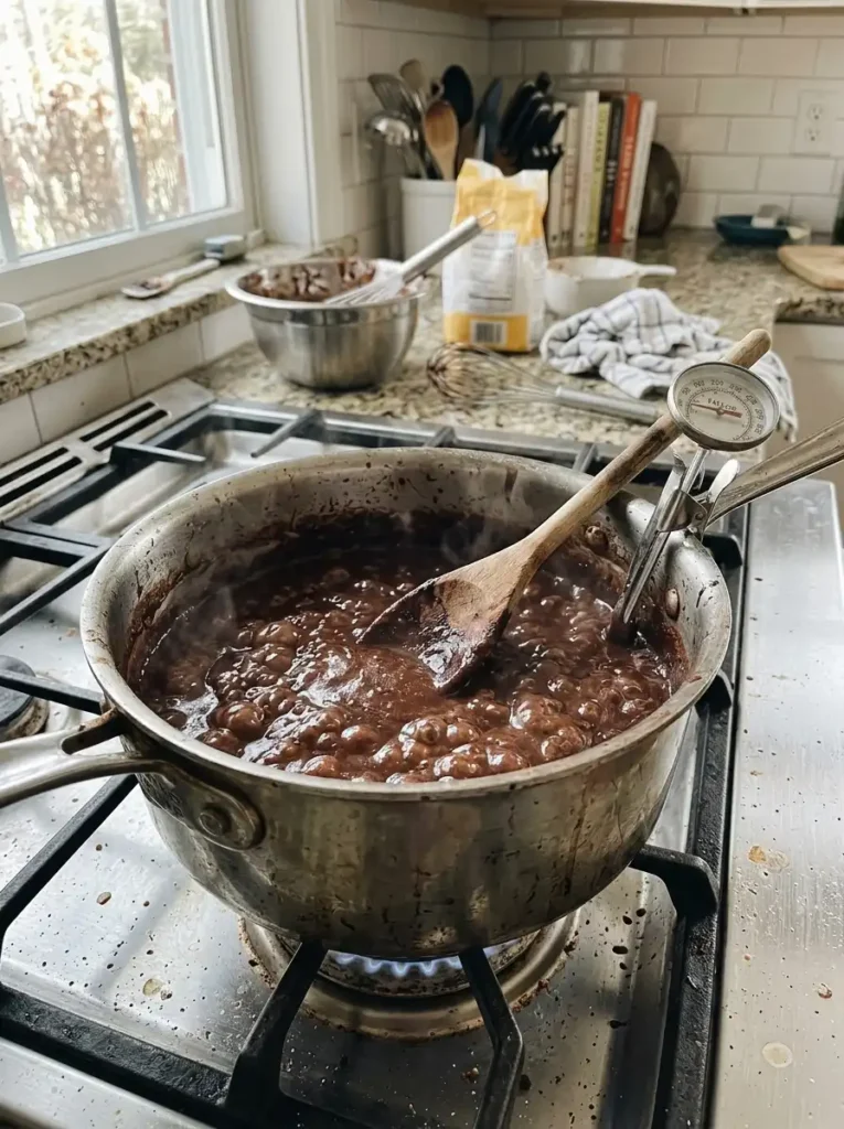 Fudge cooking in a heavy-bottomed saucepan with a candy thermometer