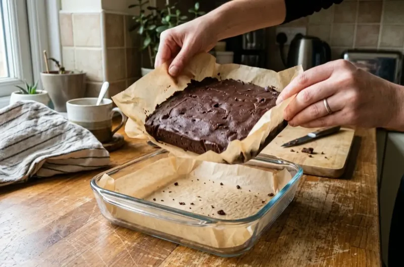 Fudge lifted from a pan with parchment paper so it does not stick