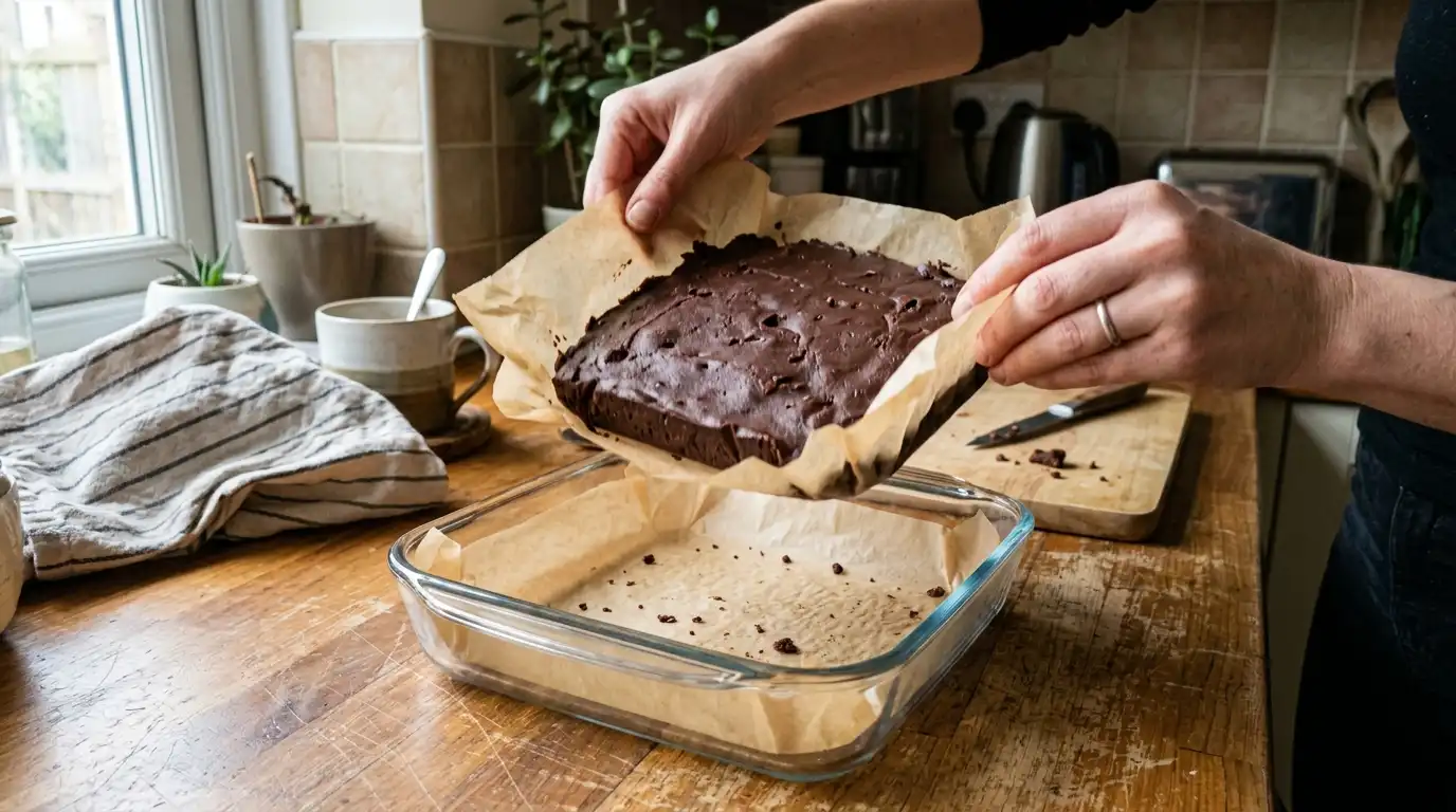 Fudge lifted from a pan with parchment paper so it does not stick