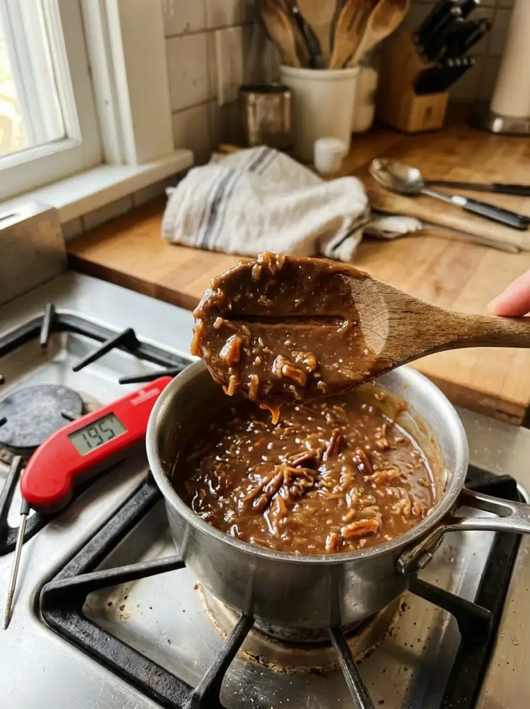 Cooked frosting custard coating the back of a spoon at the correct thickness