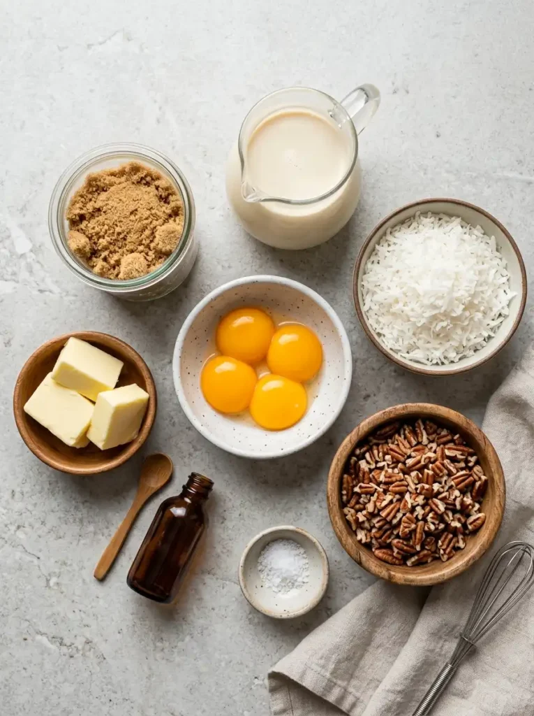 Ingredients for German chocolate frosting including coconut, pecans, egg yolks and evaporated milk