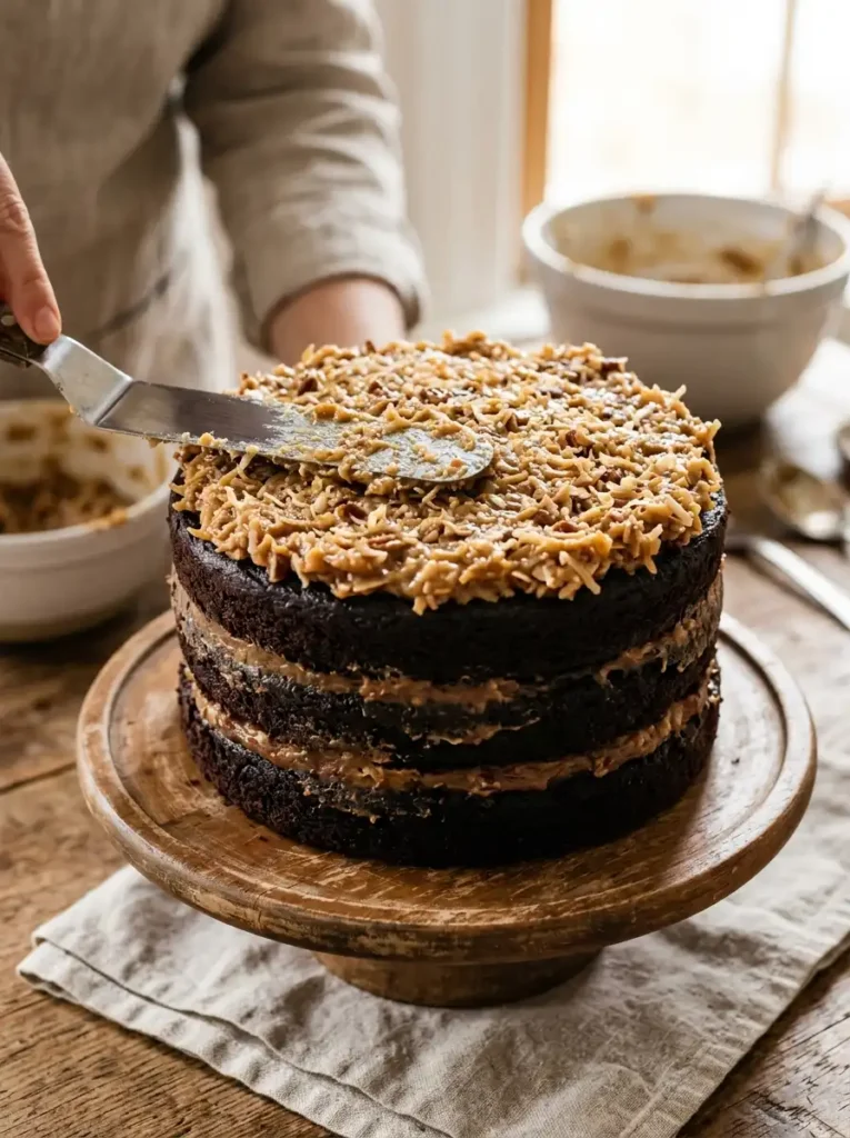 Thick cooled German chocolate frosting spread between chocolate cake layers