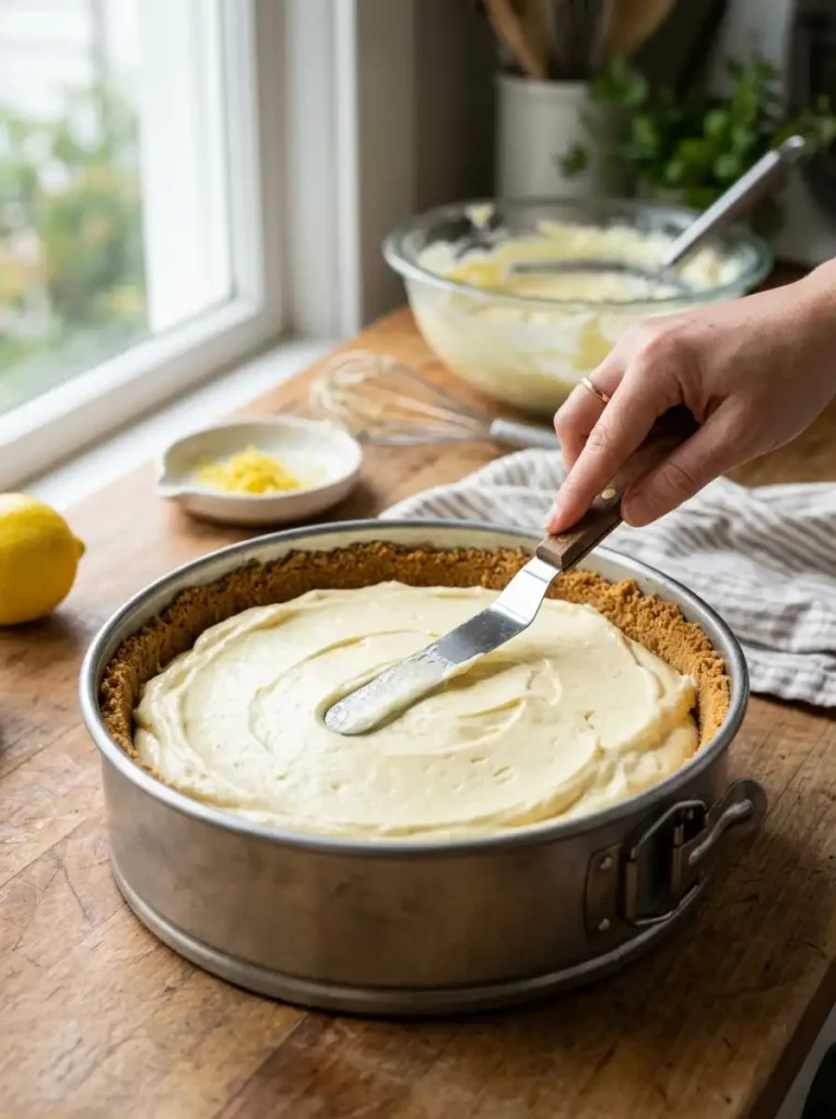 Lemon cheesecake filling spread into a graham cracker crust