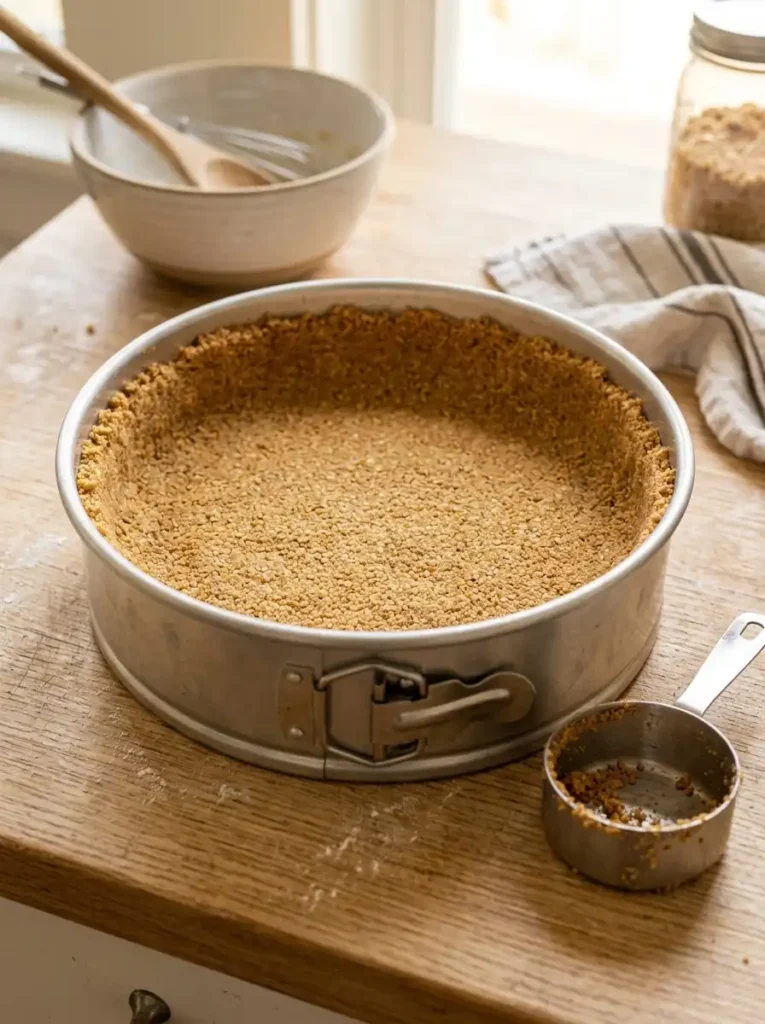 Graham cracker crust pressed into a springform pan for lemon cheesecake
