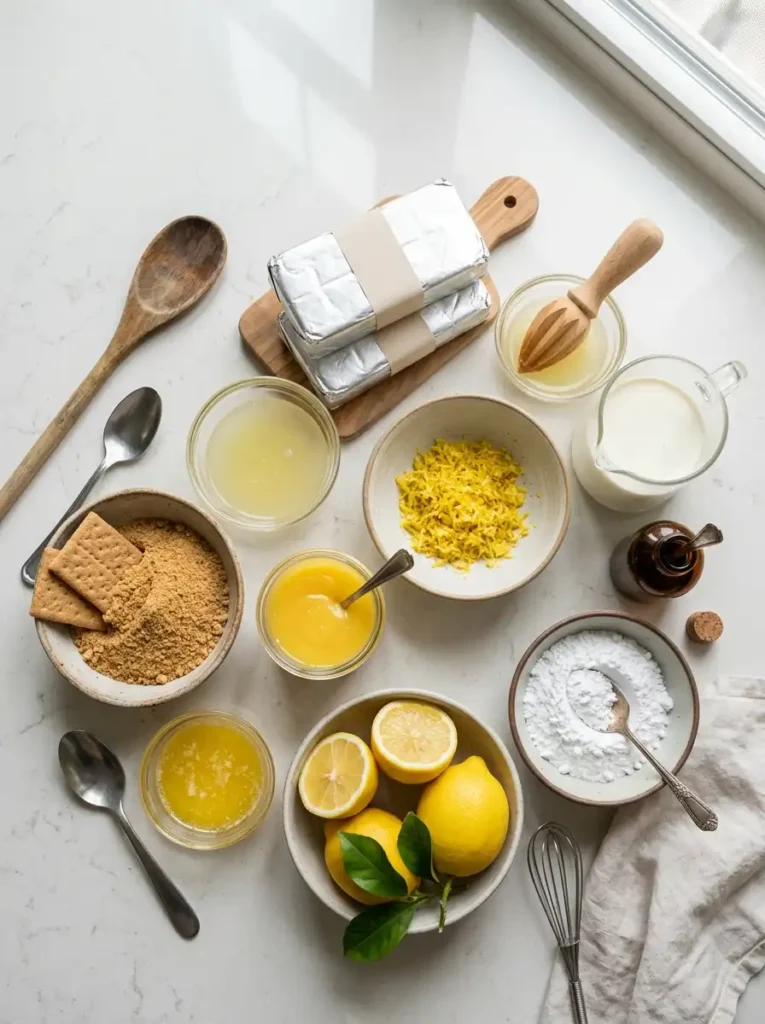 Ingredients for no-bake lemon cheesecake with cream cheese lemons and graham crackers