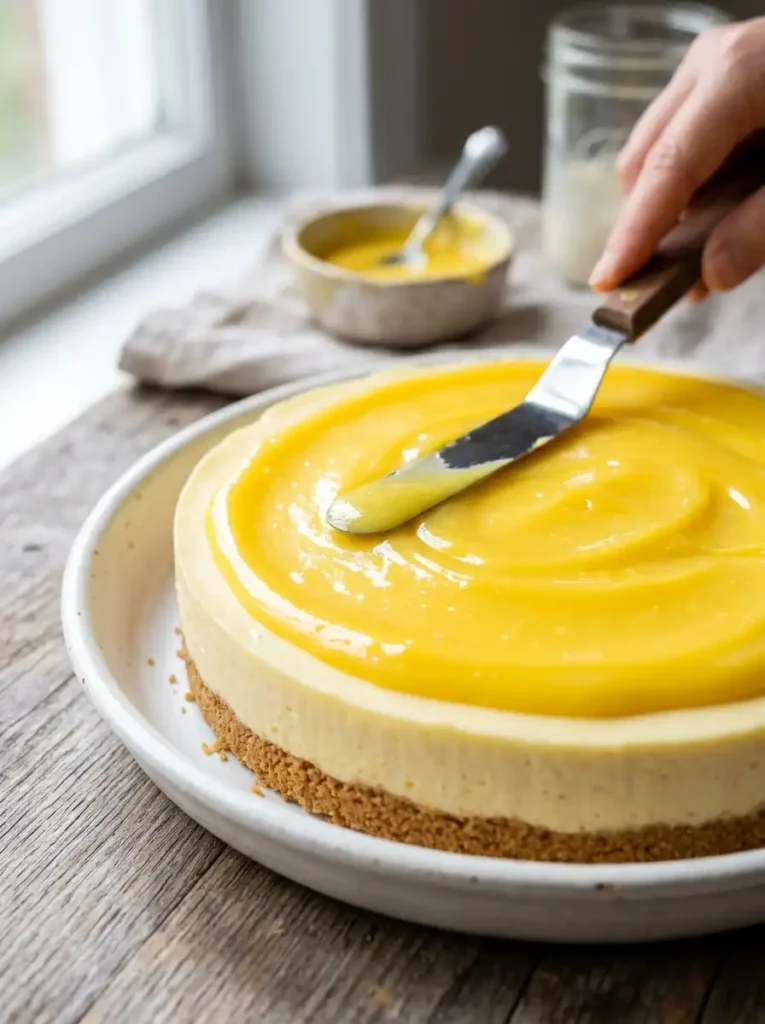 Lemon curd topping spread over chilled lemon cheesecake