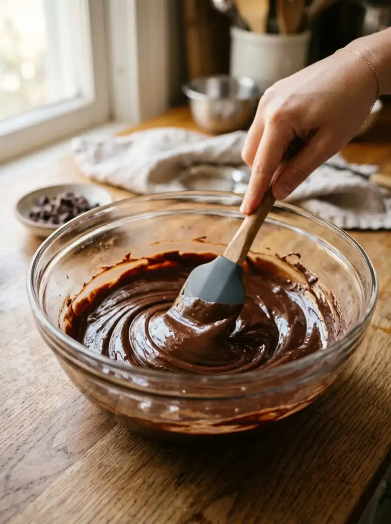 Melted chocolate and butter for fudge cookie dough