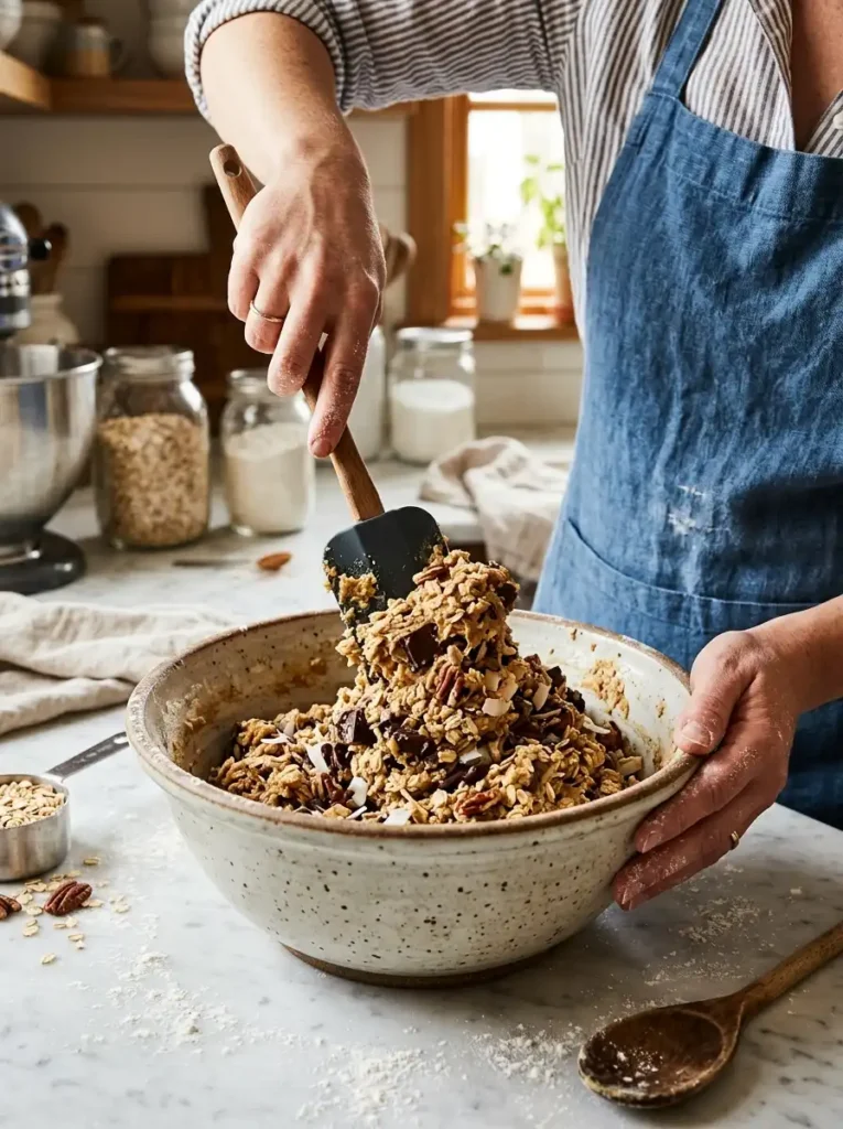 Folding rolled oats chocolate chips pecans and shredded coconut into cowboy cookie dough