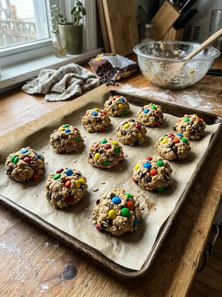 Monster cookie dough balls on a parchment lined baking sheet