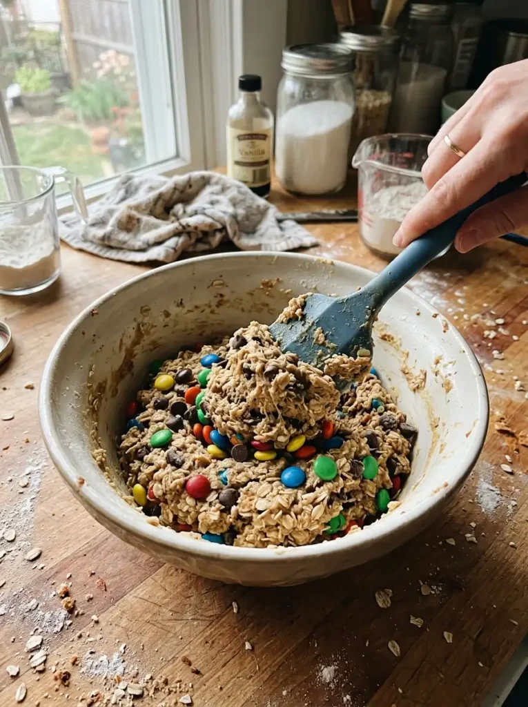Monster cookie dough with chocolate chips and colorful candy folded in