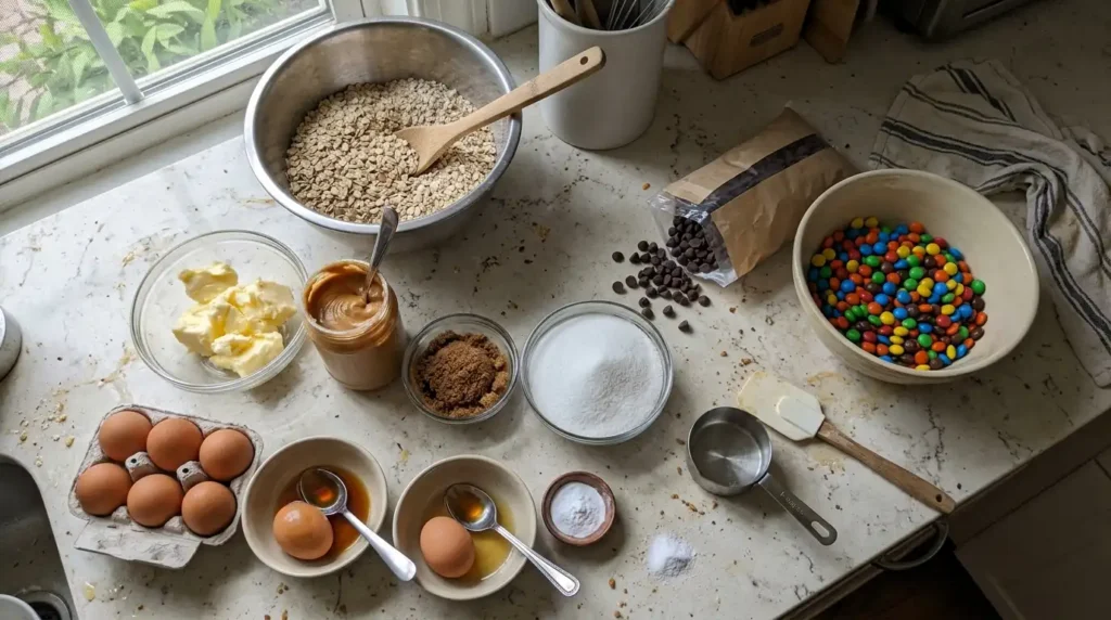 Ingredients for monster cookies with oats peanut butter chocolate chips and colorful candy
