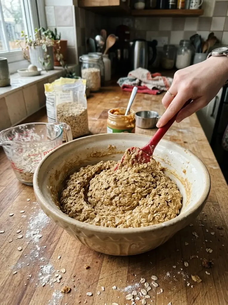 Oats mixed into peanut butter monster cookie dough