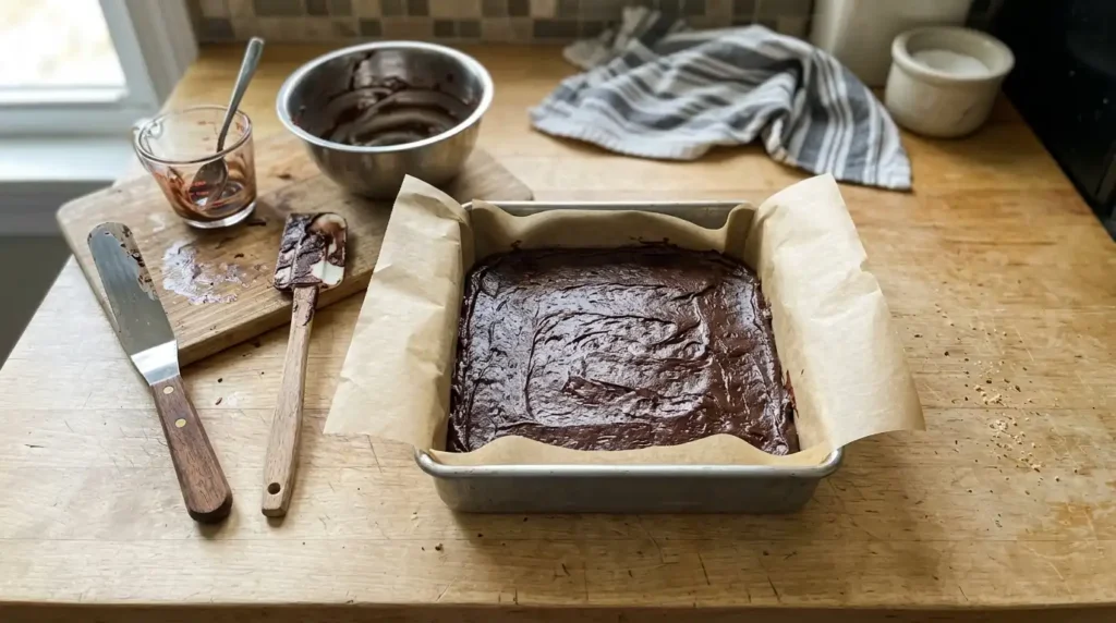 Square pan lined with parchment paper before adding fudge