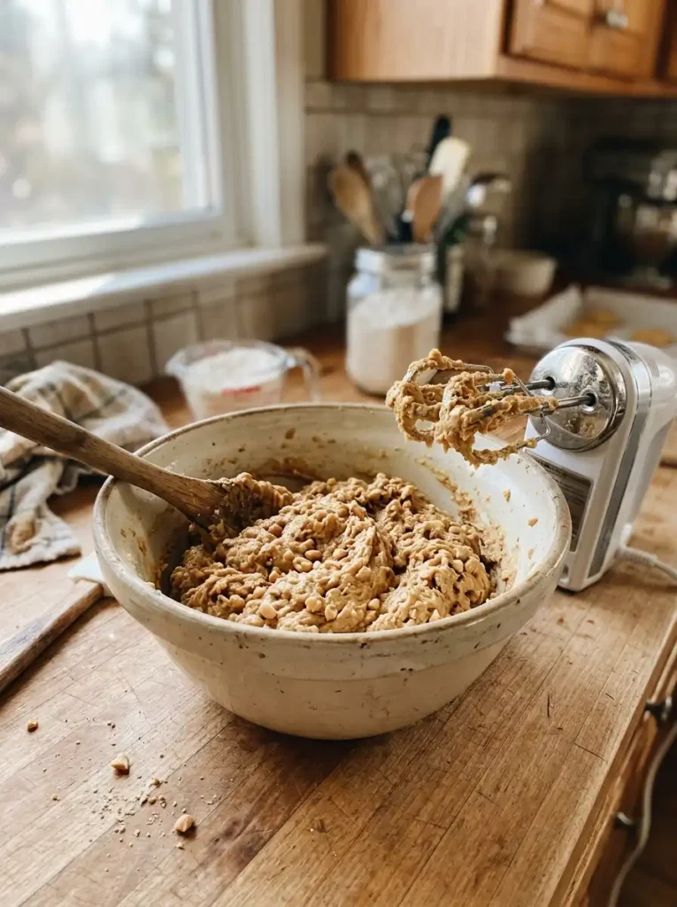 Peanut butter cookie dough for monster cookies in a mixing bowl