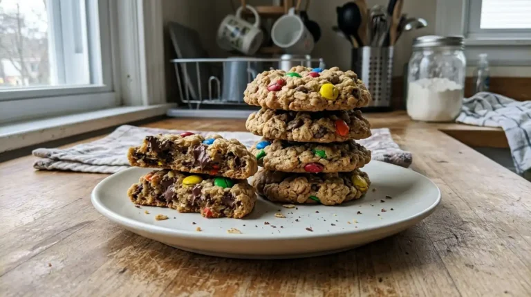 Soft and chewy monster cookies loaded with oats chocolate chips and colorful candy