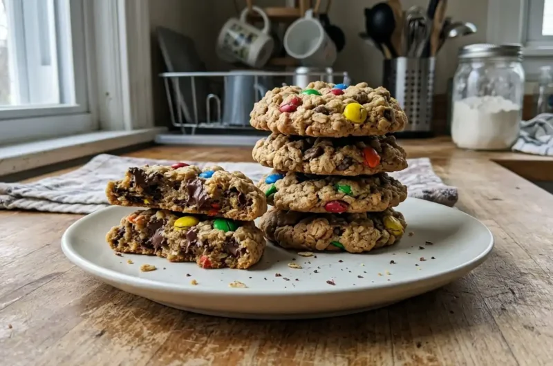 Soft and chewy monster cookies loaded with oats chocolate chips and colorful candy