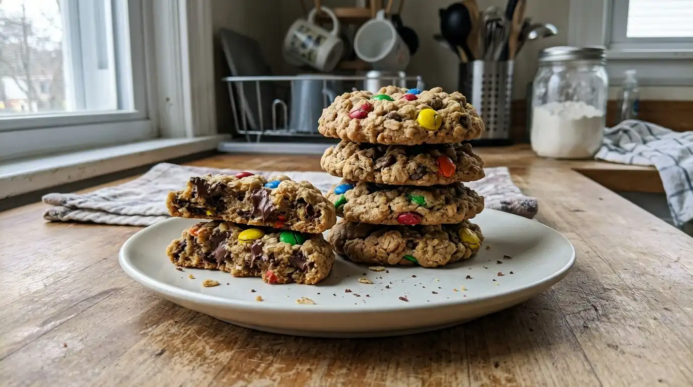 Soft and chewy monster cookies loaded with oats chocolate chips and colorful candy