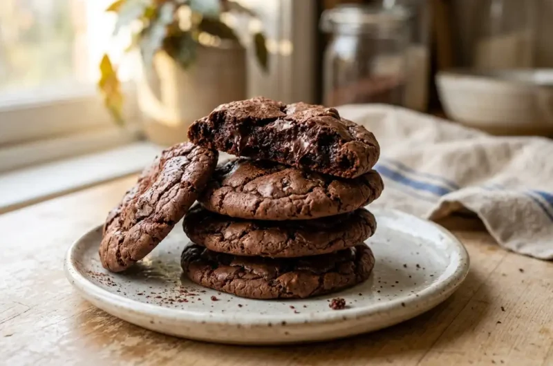 Soft fudge cookies with brownie-like centers stacked on a plate