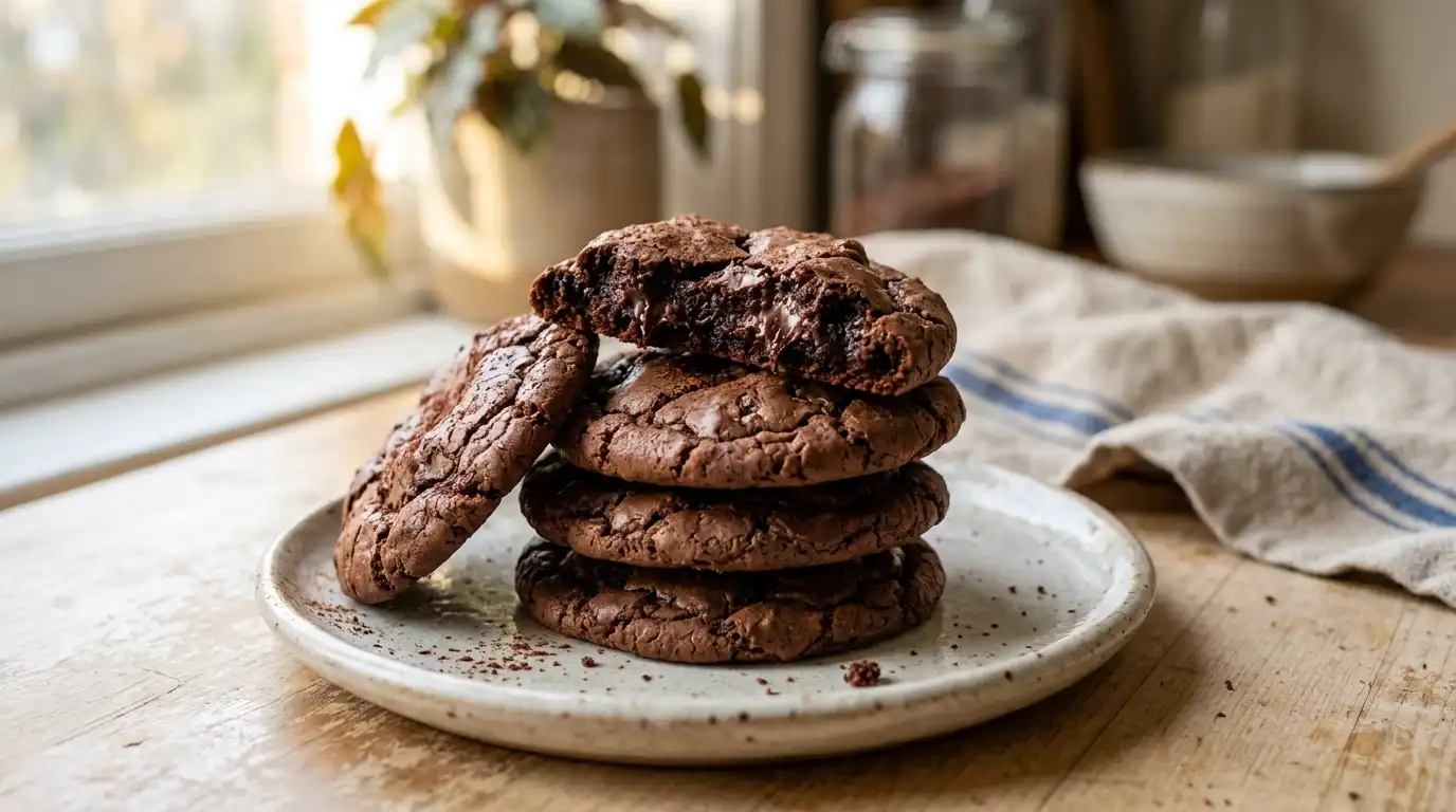 Soft fudge cookies with brownie-like centers stacked on a plate