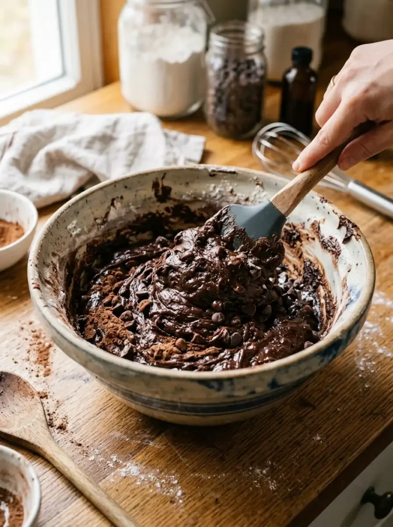 Thick chocolate fudge cookie dough in a mixing bowl