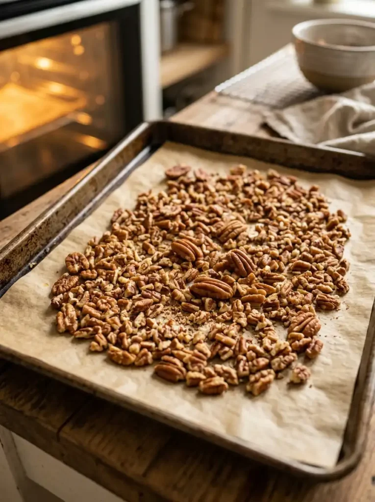 Chopped pecans toasted until golden for coconut pecan frosting