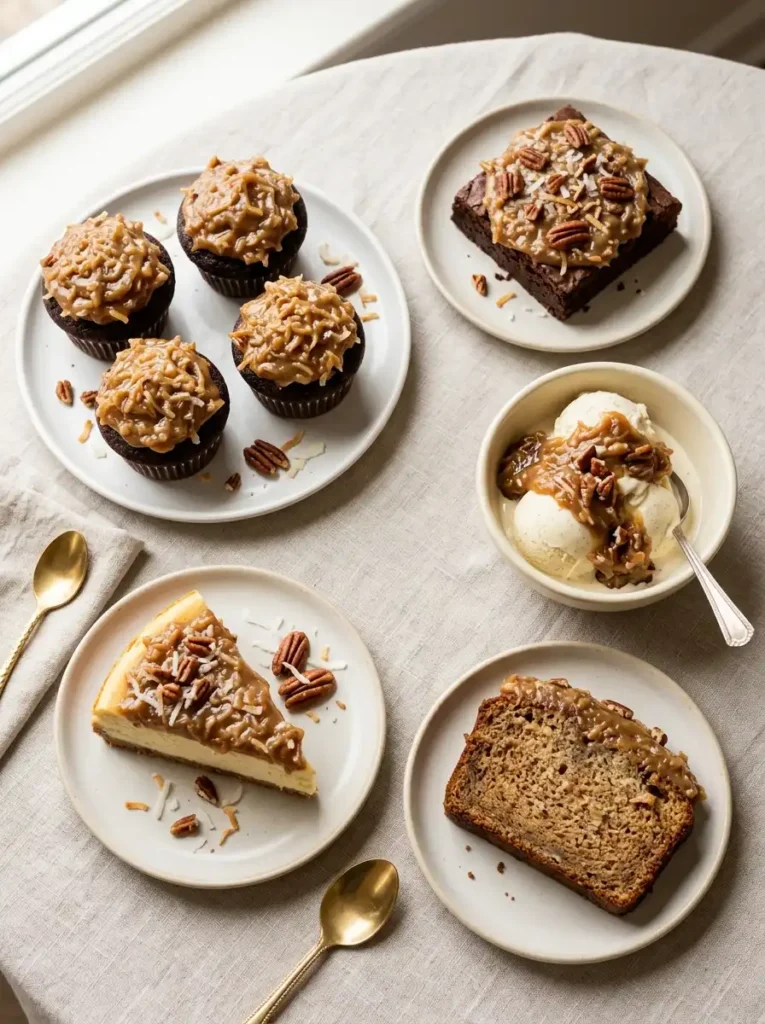 German chocolate frosting served on cupcakes, brownies, cheesecake and banana bread