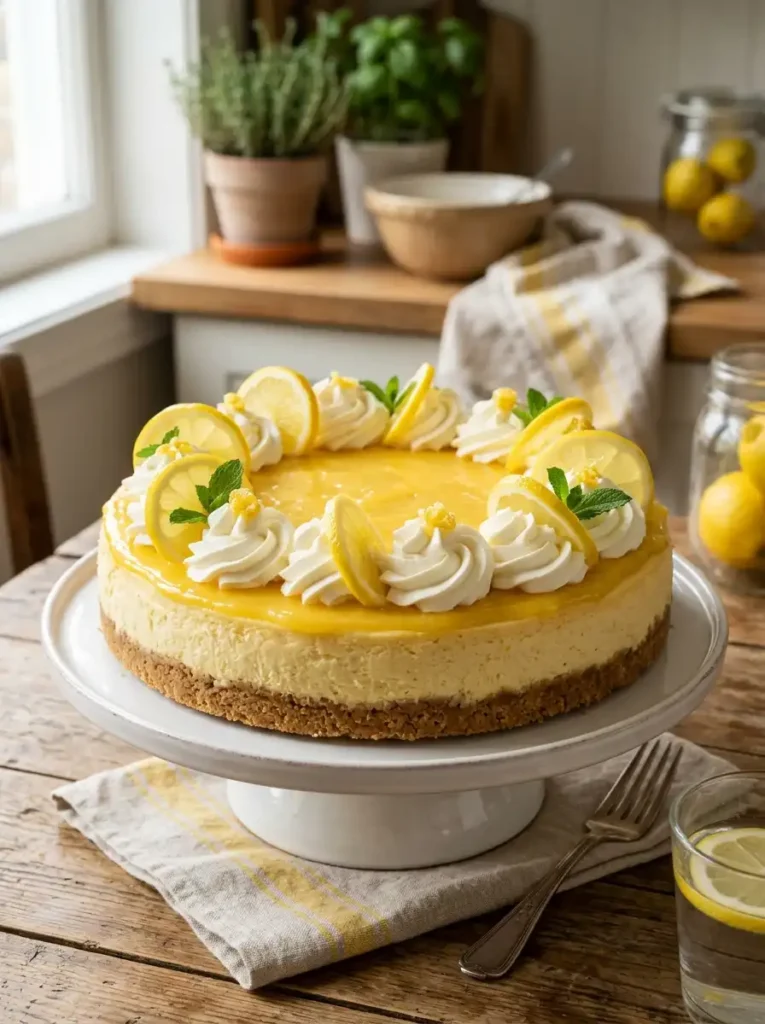 Whole no-bake lemon cheesecake topped with lemon curd and whipped cream