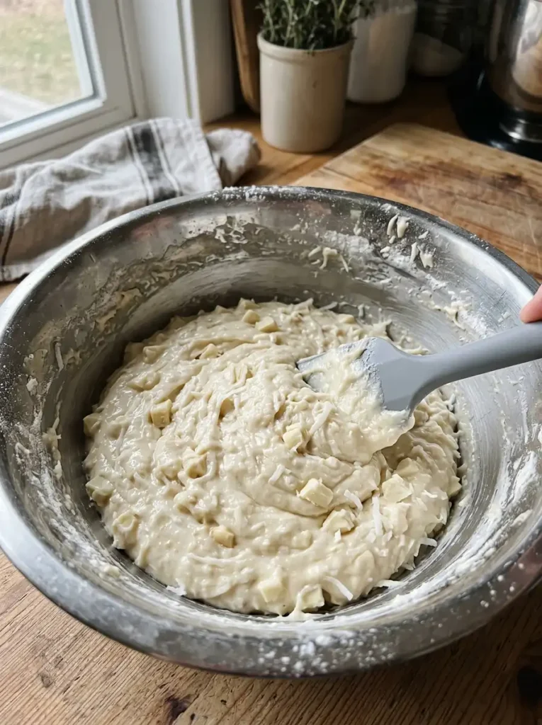 White chocolate and shredded coconut folded into thick Bundt cake batter