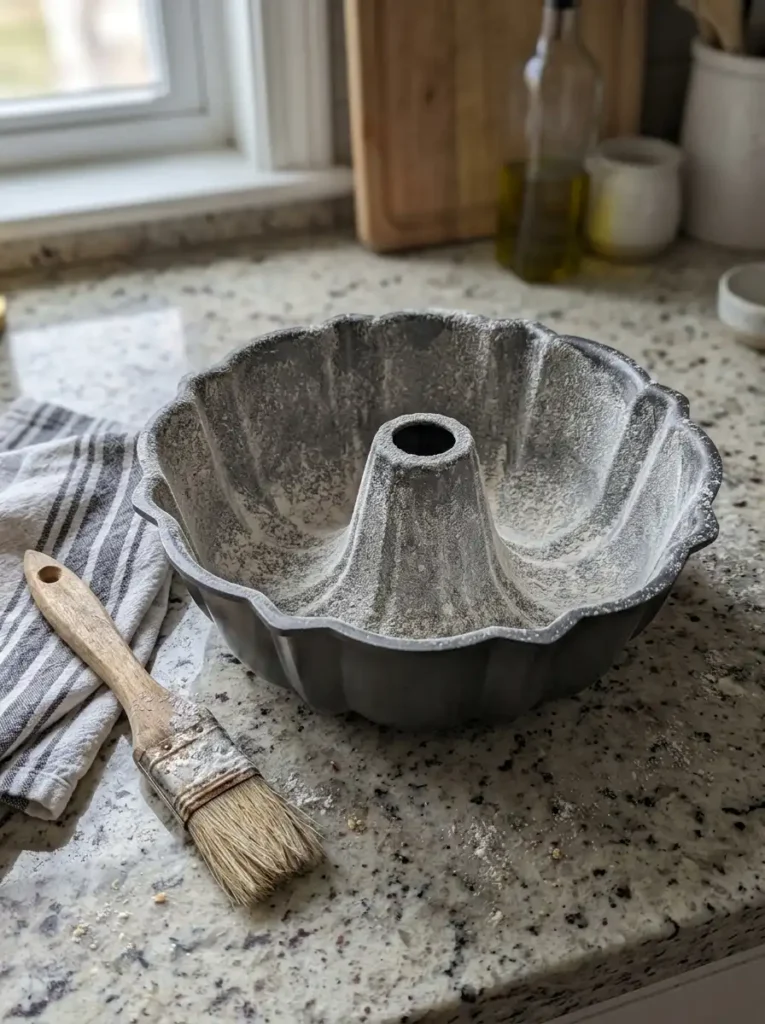 Bundt pan coated with baking spray and flour before adding cake batter