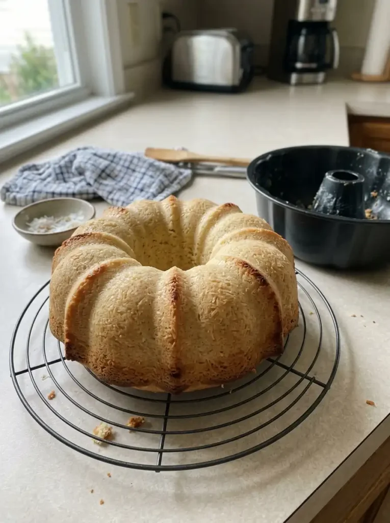 White chocolate coconut Bundt cake cooling on a wire rack after release