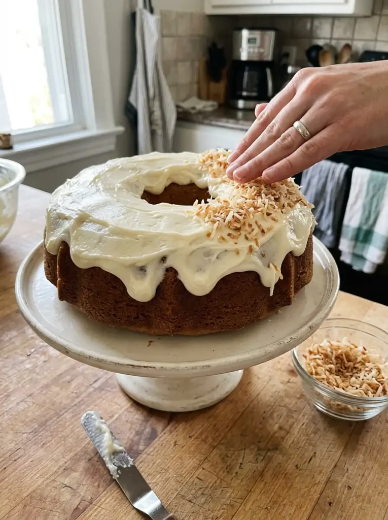 Cream cheese frosting spread over coconut Bundt cake with toasted coconut