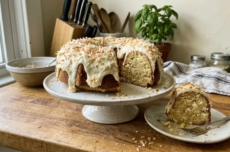 Copycat Tom Cruise coconut cake with cream cheese frosting and toasted coconut