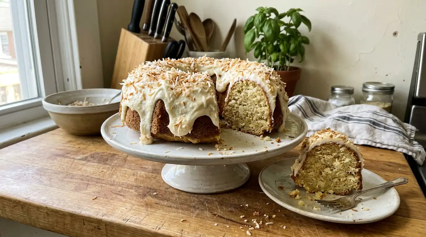 Copycat Tom Cruise coconut cake with cream cheese frosting and toasted coconut
