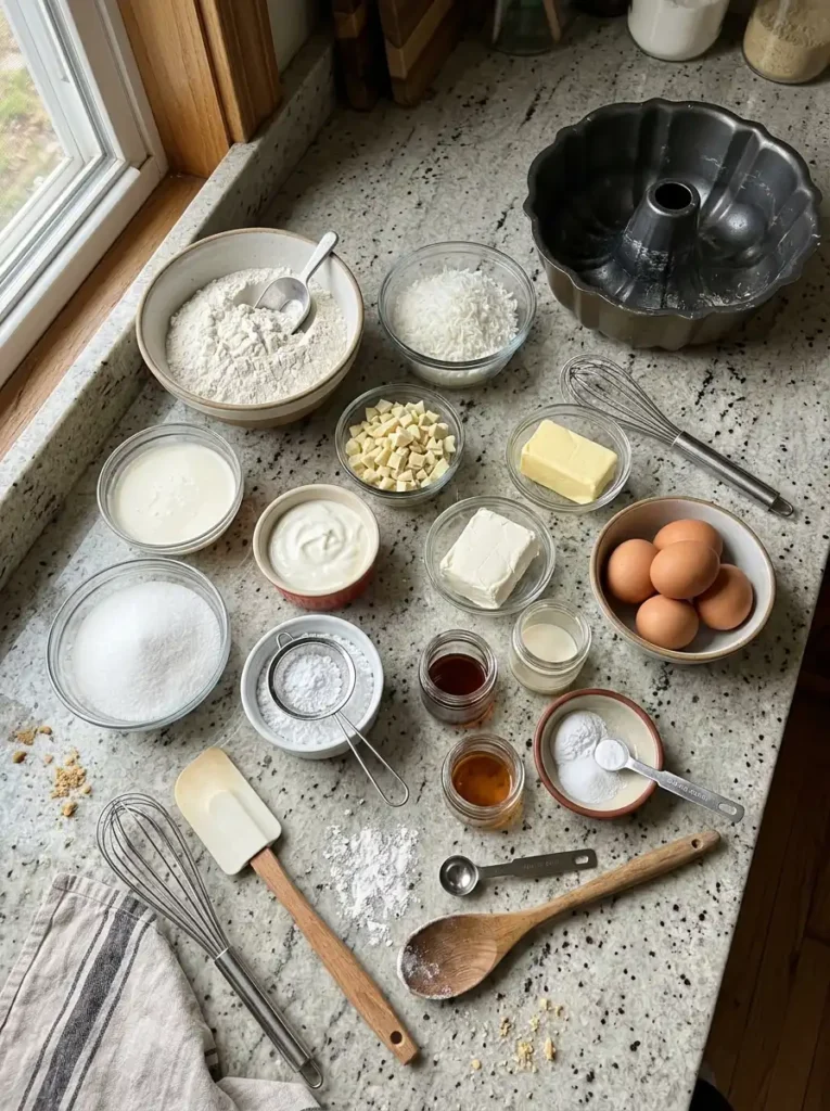 Ingredients for Tom Cruise coconut cake recipe on a kitchen counter