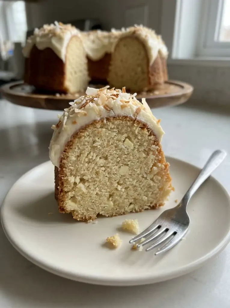 Slice of white chocolate coconut Bundt cake showing a moist crumb