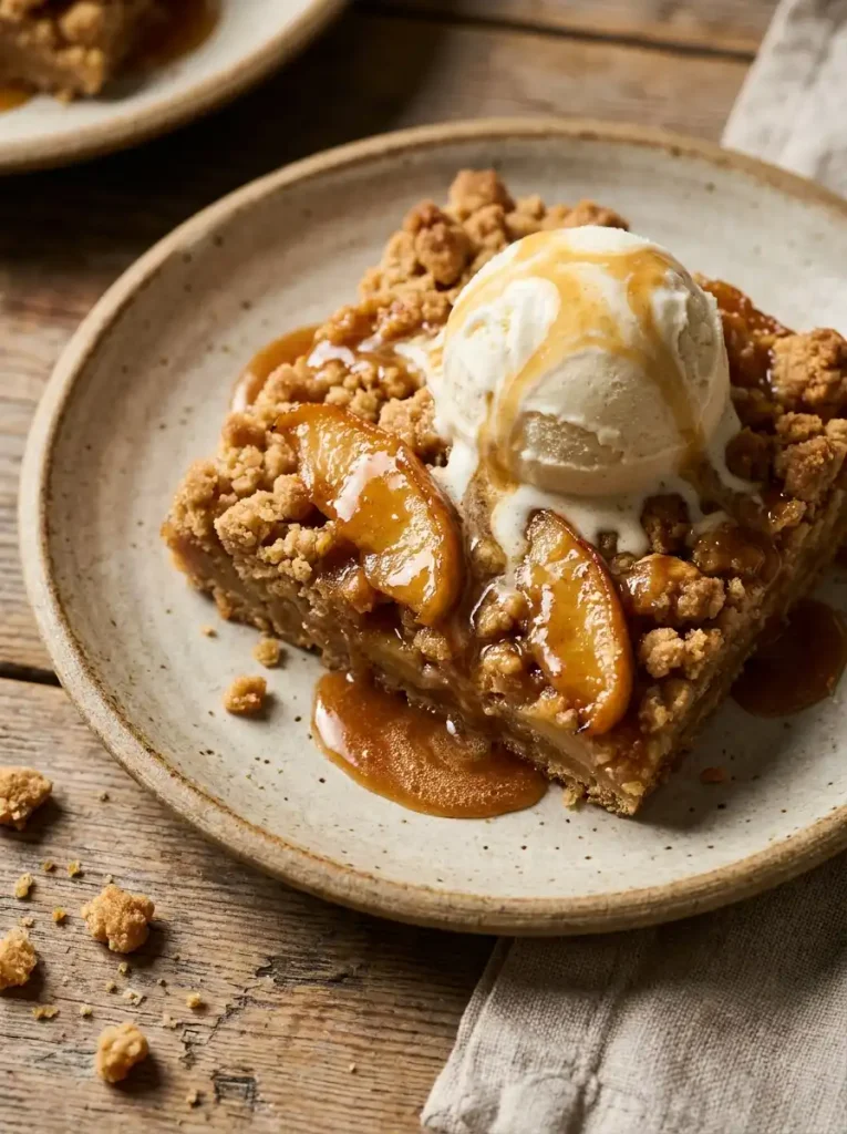 A warm serving of apple crisp without oats topped with melting vanilla ice cream, apple crisp recipe without oats