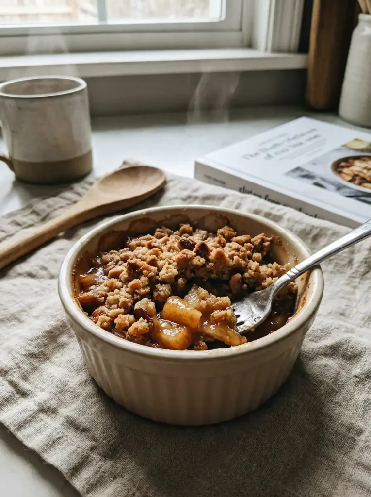 Gluten-free apple crisp without oats using an almond flour topping in a ramekin