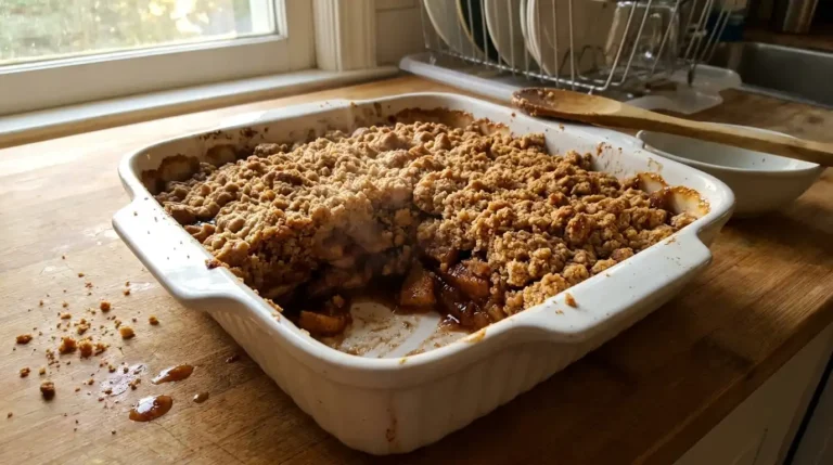 Apple crisp without oats baked in an 8x8 dish with a crispy flour topping and bubbling cinnamon apples