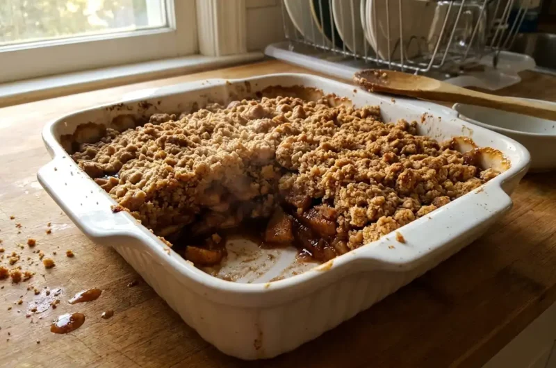 Apple crisp without oats baked in an 8x8 dish with a crispy flour topping and bubbling cinnamon apples