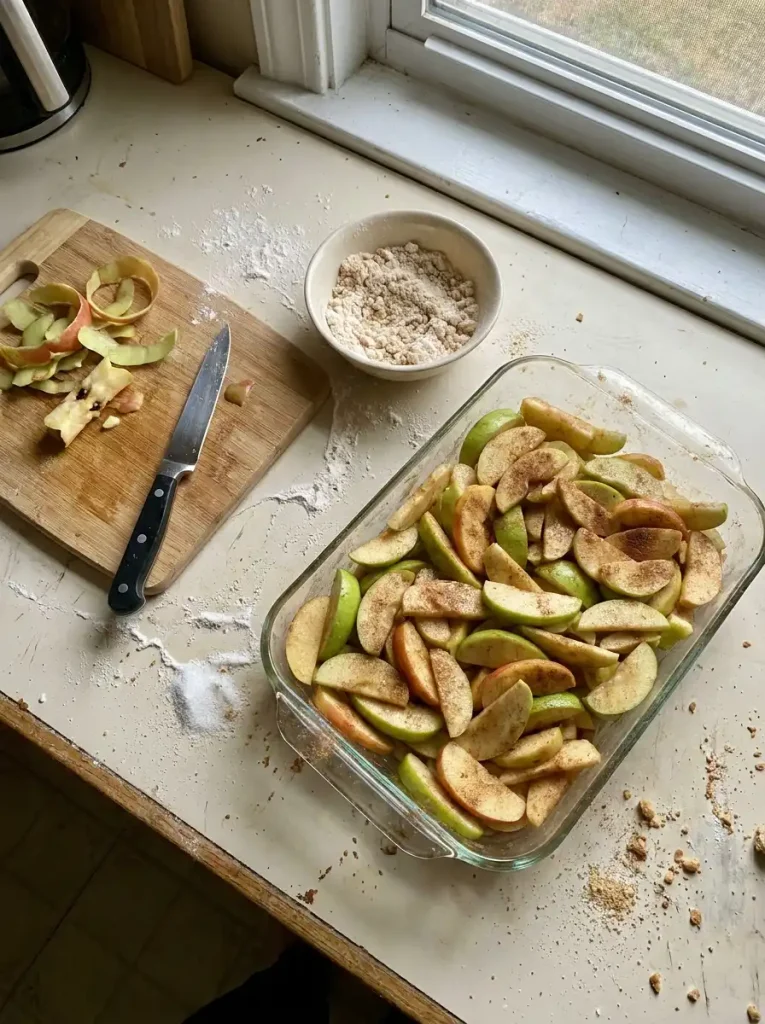 Sliced tart and sweet apples tossed with cinnamon and sugar before adding the flour topping
