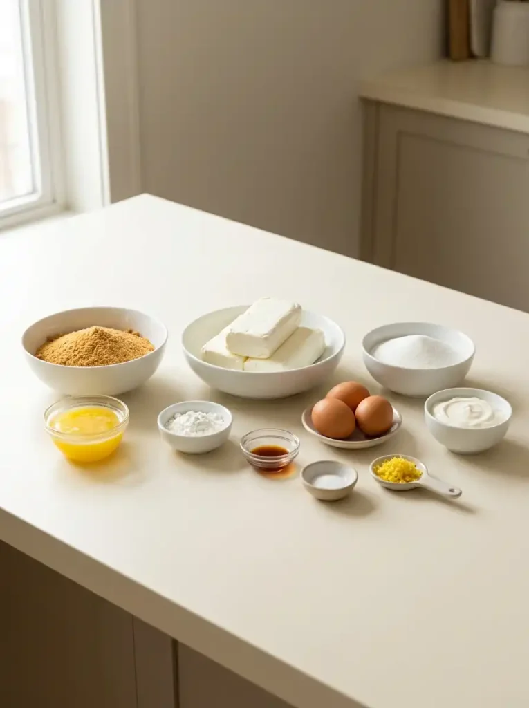 Cream cheese, sour cream, eggs, biscuit crumbs, melted butter, and measured ingredients for baked cheesecake.how to bake a cheesecake