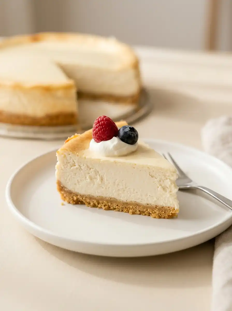 Chilled classic cheesecake slice with a small optional berry and whipped-cream garnish.