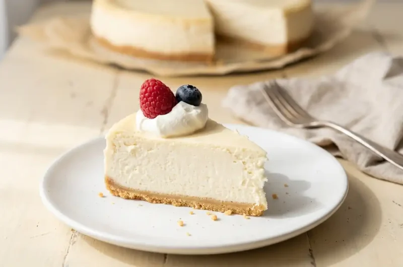 Classic baked cheesecake slice with an optional berry and whipped-cream garnish, with the cake softly blurred behind it.