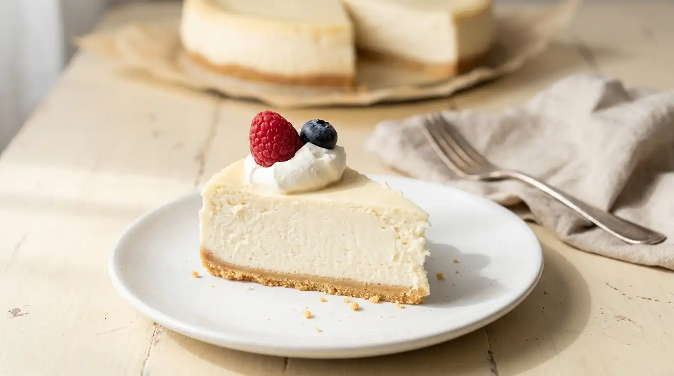 Classic baked cheesecake slice with an optional berry and whipped-cream garnish, with the cake softly blurred behind it.